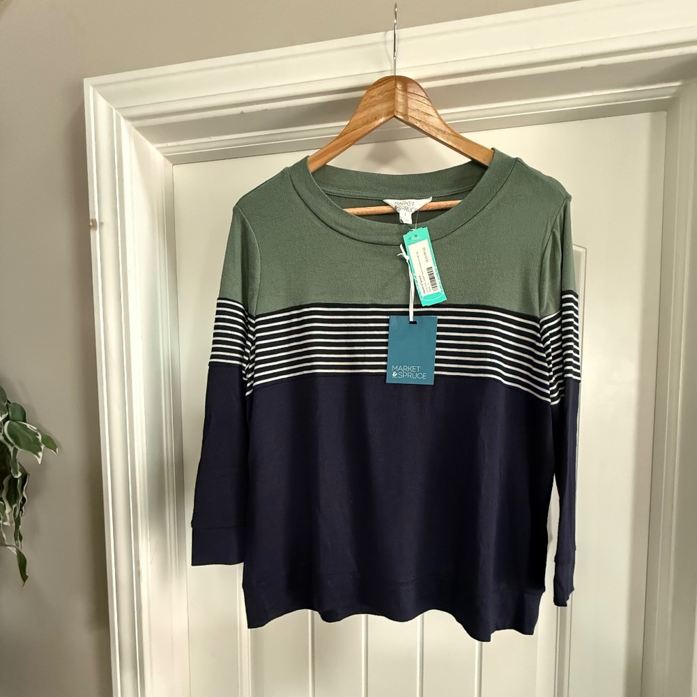 Market & Spruce Arnold Colorblock Knit Top Navy Green White 3/4 Sleeve Sz L NWT